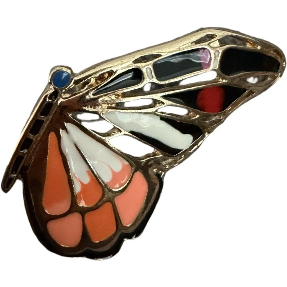 Monarch Butterfly Stud Earrings Gold Tone Enamel Orange Black Statement Jewelry
